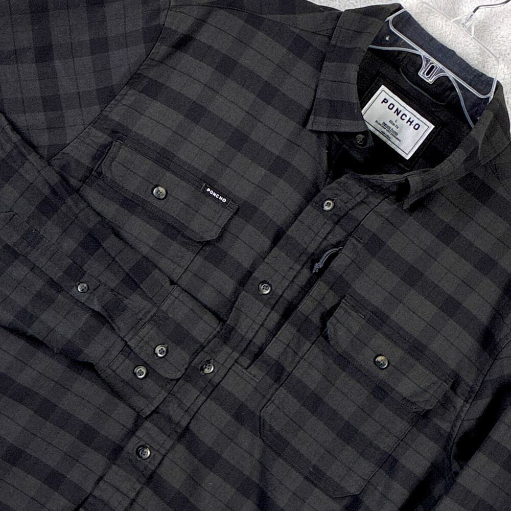 Poncho Black Canyon Flannel Shirt Men L Black Plaid Slim Fit Performance Fishing